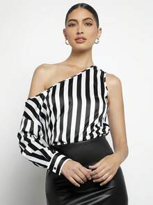 BizChic Striped Print Asymmetrical Neck Blouse