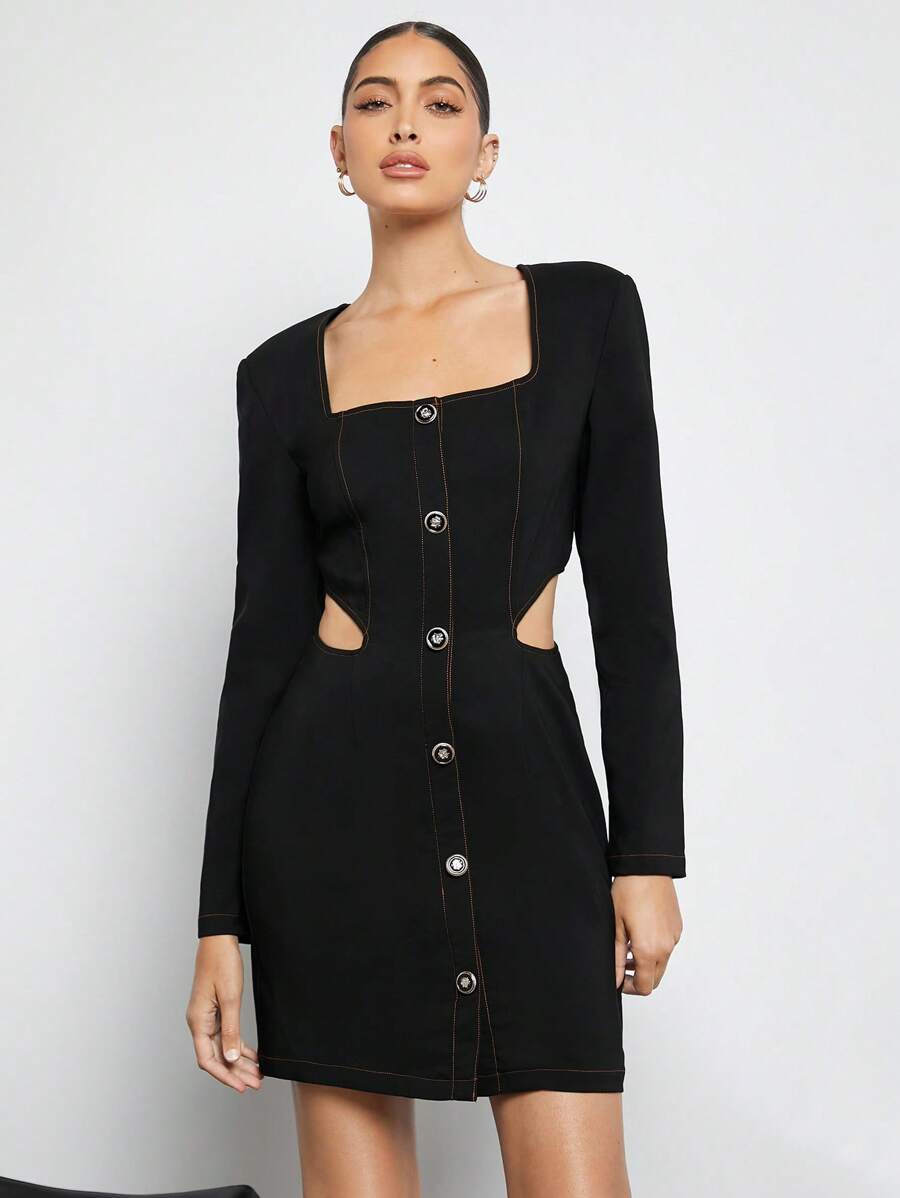 Maija 腰部鏤空前紐扣方領單排釦連衣裙 - 黑色 - 查看 1