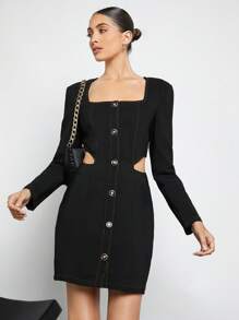 Maija 腰部鏤空前紐扣方領單排釦連衣裙 - 黑色 - 查看 2