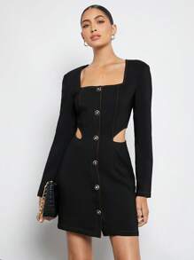 Maija 腰部鏤空前紐扣方領單排釦連衣裙 - 黑色 - 查看 3