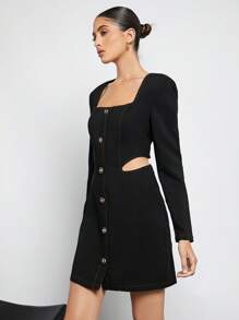 Maija 腰部鏤空前紐扣方領單排釦連衣裙 - 黑色 - 查看 5