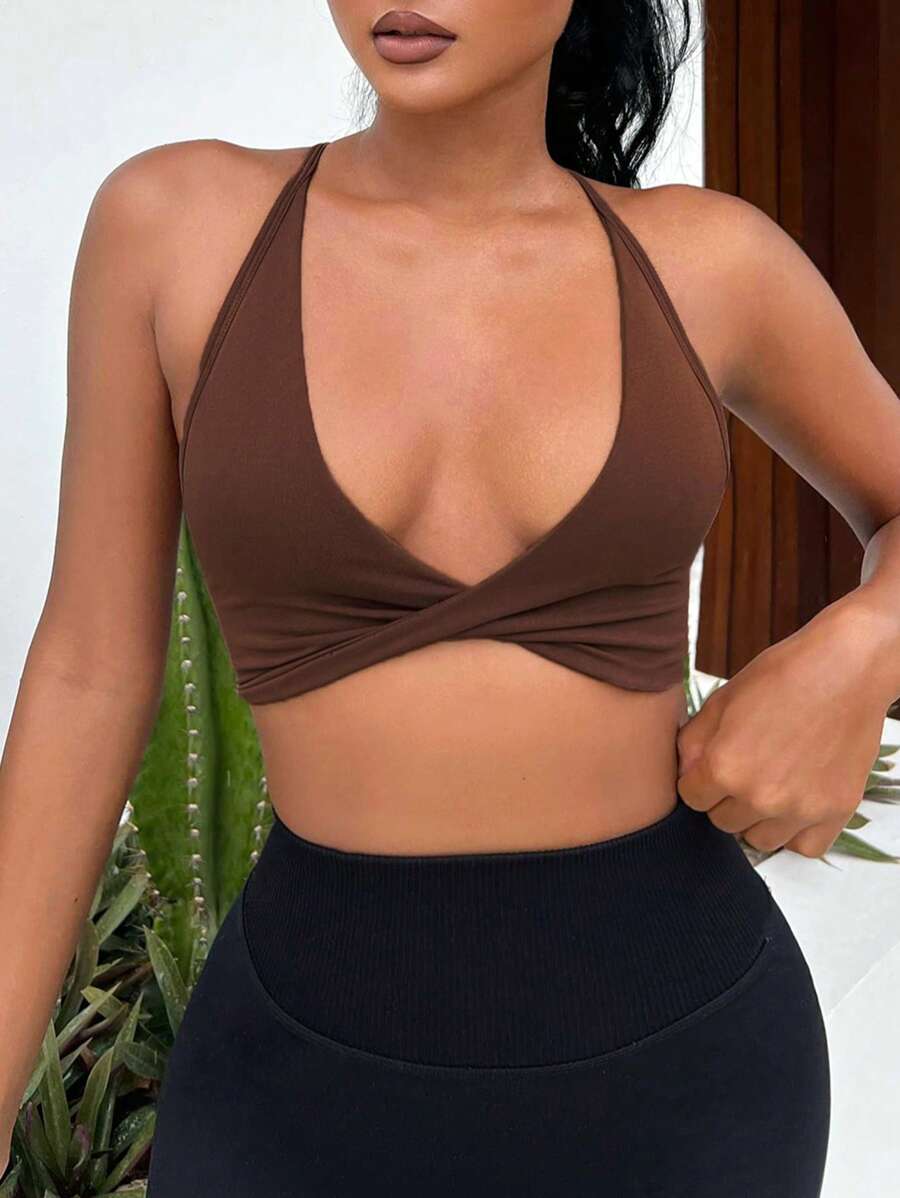 Easithlete Twist Front Crisscross Backless Crop Sports Going Out Bra - Brown - View 1