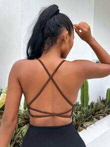 Easithlete Twist Front Crisscross Backless Crop Sports Going Out Bra - Brown - View 2