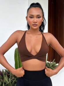 Easithlete Twist Front Crisscross Backless Crop Sports Going Out Bra - Brown - View 3