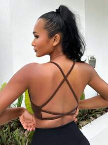 Easithlete Twist Front Crisscross Backless Crop Sports Going Out Bra - Brown - View 4