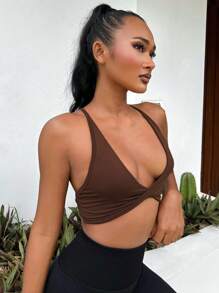Easithlete Twist Front Crisscross Backless Crop Sports Going Out Bra - Brown - View 5