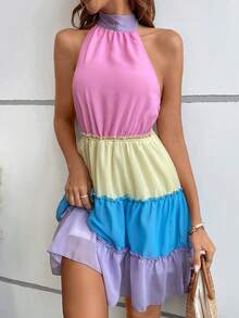 SHEIN VCAY Khối màu Lá sen tỉa Xù Hoa Sen Halter Neck Đầm - Nhiều màu - Xem 4