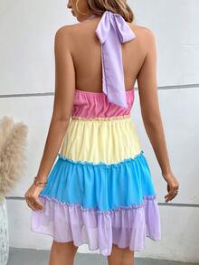 SHEIN VCAY Khối màu Lá sen tỉa Xù Hoa Sen Halter Neck Đầm - Nhiều màu - Xem 2