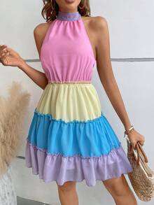 SHEIN VCAY Khối màu Lá sen tỉa Xù Hoa Sen Halter Neck Đầm - Nhiều màu - Xem 5
