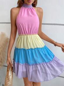 SHEIN VCAY Khối màu Lá sen tỉa Xù Hoa Sen Halter Neck Đầm - Nhiều màu - Xem 6
