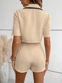 SHEIN LUNE 撞色滾邊西裝領西裝外套&短褲 - 杏色 - 查看 2