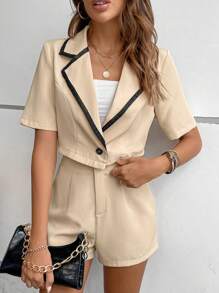 SHEIN LUNE 撞色滾邊西裝領西裝外套&短褲 - 杏色 - 查看 3