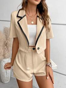 SHEIN LUNE 撞色滾邊西裝領西裝外套&短褲 - 杏色 - 查看 5