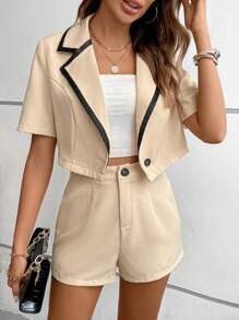 SHEIN LUNE 撞色滾邊西裝領西裝外套&短褲 - 杏色 - 查看 6