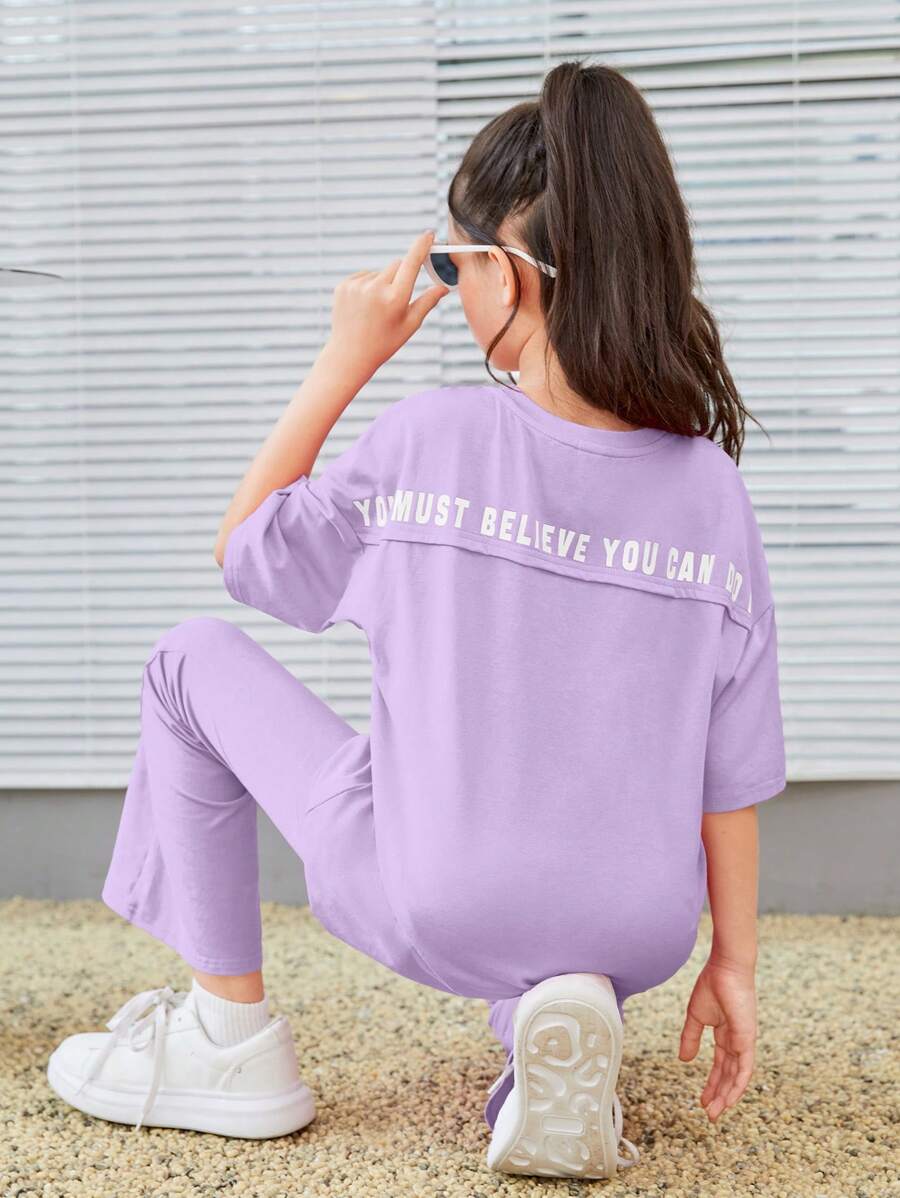 SHEIN Leap Crew 女大童標語圖案落肩T恤&喇叭褲 - 紫丁香色 - 查看 1