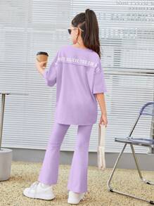 SHEIN Leap Crew 女大童標語圖案落肩T恤&喇叭褲 - 紫丁香色 - 查看 3
