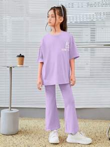 SHEIN Leap Crew 女大童標語圖案落肩T恤&喇叭褲 - 紫丁香色 - 查看 5