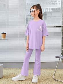 SHEIN Leap Crew 女大童標語圖案落肩T恤&喇叭褲 - 紫丁香色 - 查看 6