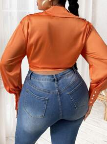 SHEIN SXY Plus Lapel Neck Knot Front Crop Satin Blouse - Orange - View 2