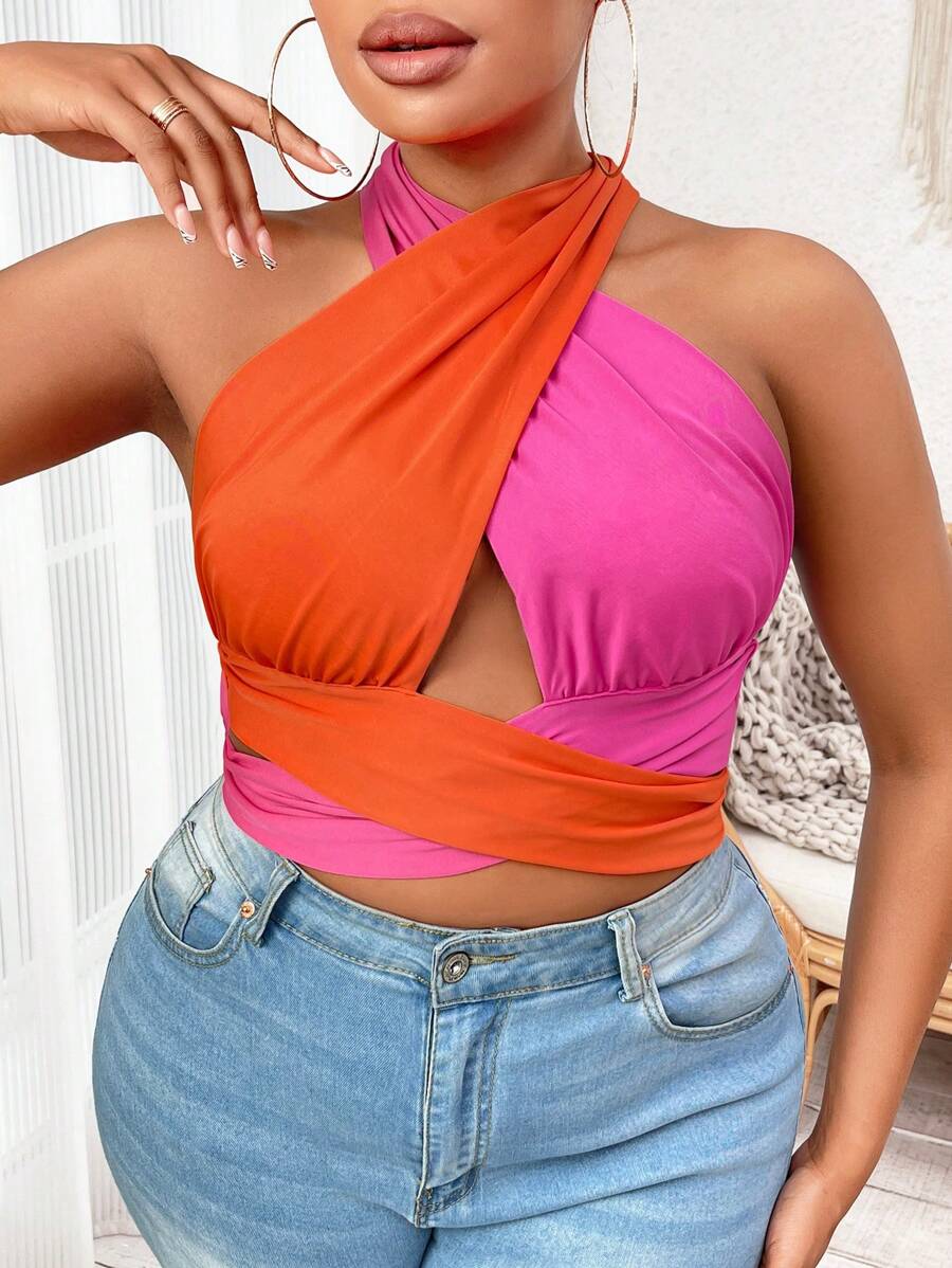 SHEIN SXY 大碼雙色十字交叉後背繫帶寬肩帶上衣 - 彩色 - 查看 1