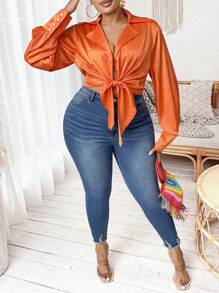 SHEIN SXY Plus Lapel Neck Knot Front Crop Satin Blouse - Orange - View 1