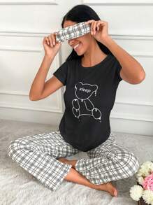 RueChic Plaid And Cartoon Graphic PJ Set - Black - View 1