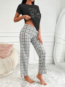 RueChic Plaid And Cartoon Graphic PJ Set - Black - View 3
