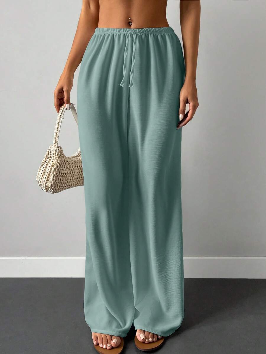 Cottnline Solid Elastic Waist Wide Leg Trousers - Green - View 1