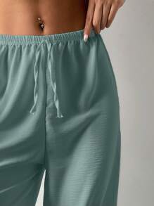 Cottnline Solid Elastic Waist Wide Leg Trousers - Green - View 5