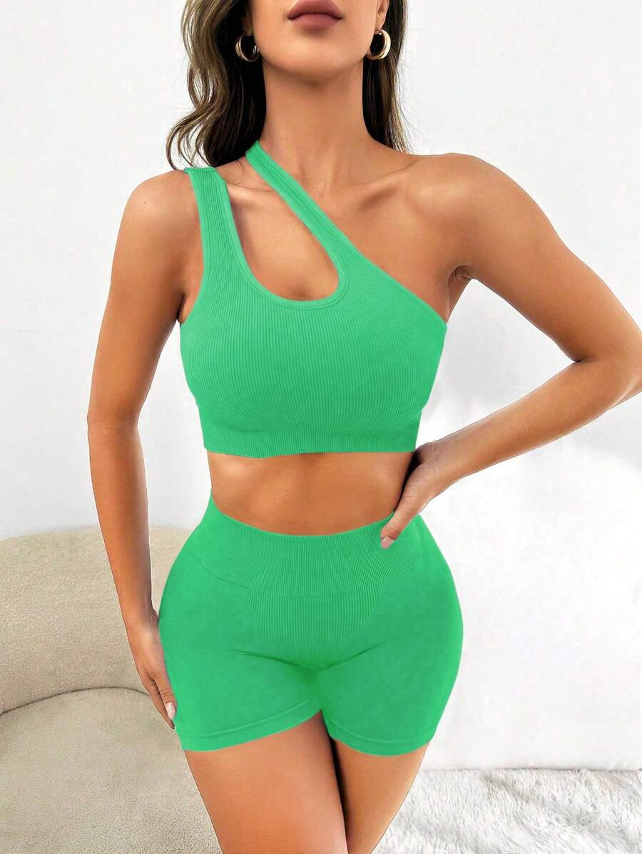 Yoga Sxy Set bộ đồ thể thao Cắt ra Xù Gân đan màu trơn - màu xanh lá - Xem 1