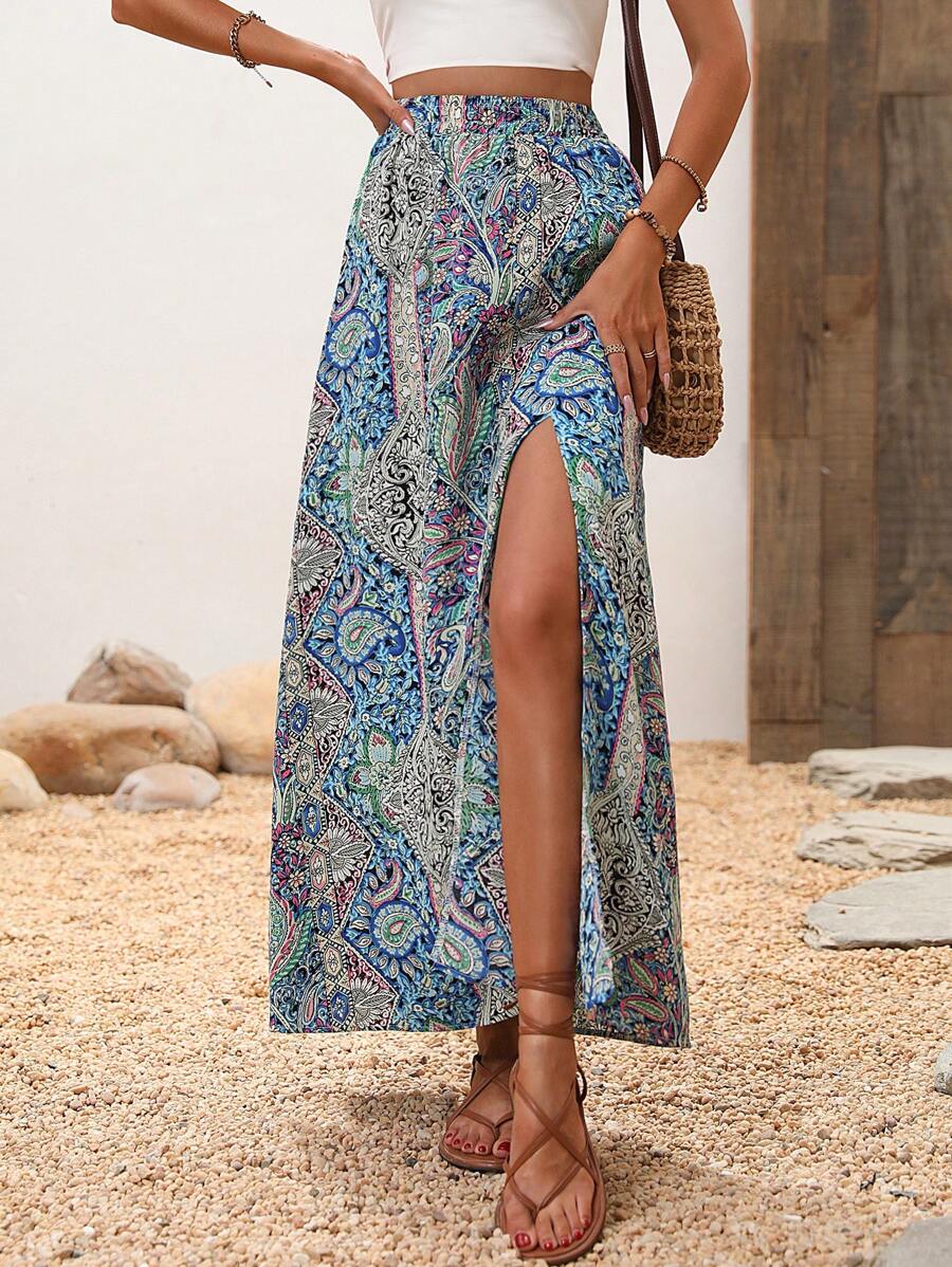 SHEIN Holidaya 佩斯利印花高衩半身裙 - 淺藍色 - 查看 1