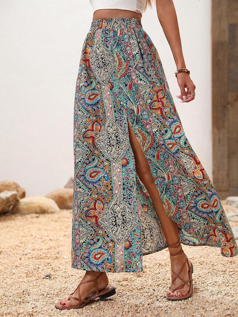 SHEIN Holidaya Paisley Print Split Thigh Skirt - Multicolor - View 1