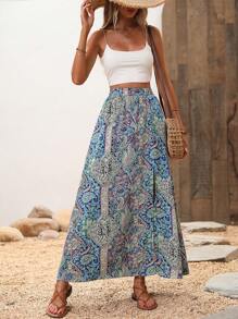 SHEIN Holidaya 佩斯利印花高衩半身裙 - 淺藍色 - 查看 4