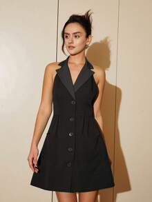 Đầm Lộ Lưng Túi Nút phía trước màu trơn Gợi cảm - màu đen - Xem 6