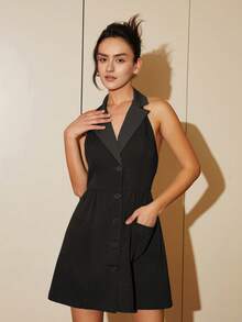 Đầm Lộ Lưng Túi Nút phía trước màu trơn Gợi cảm - màu đen - Xem 8