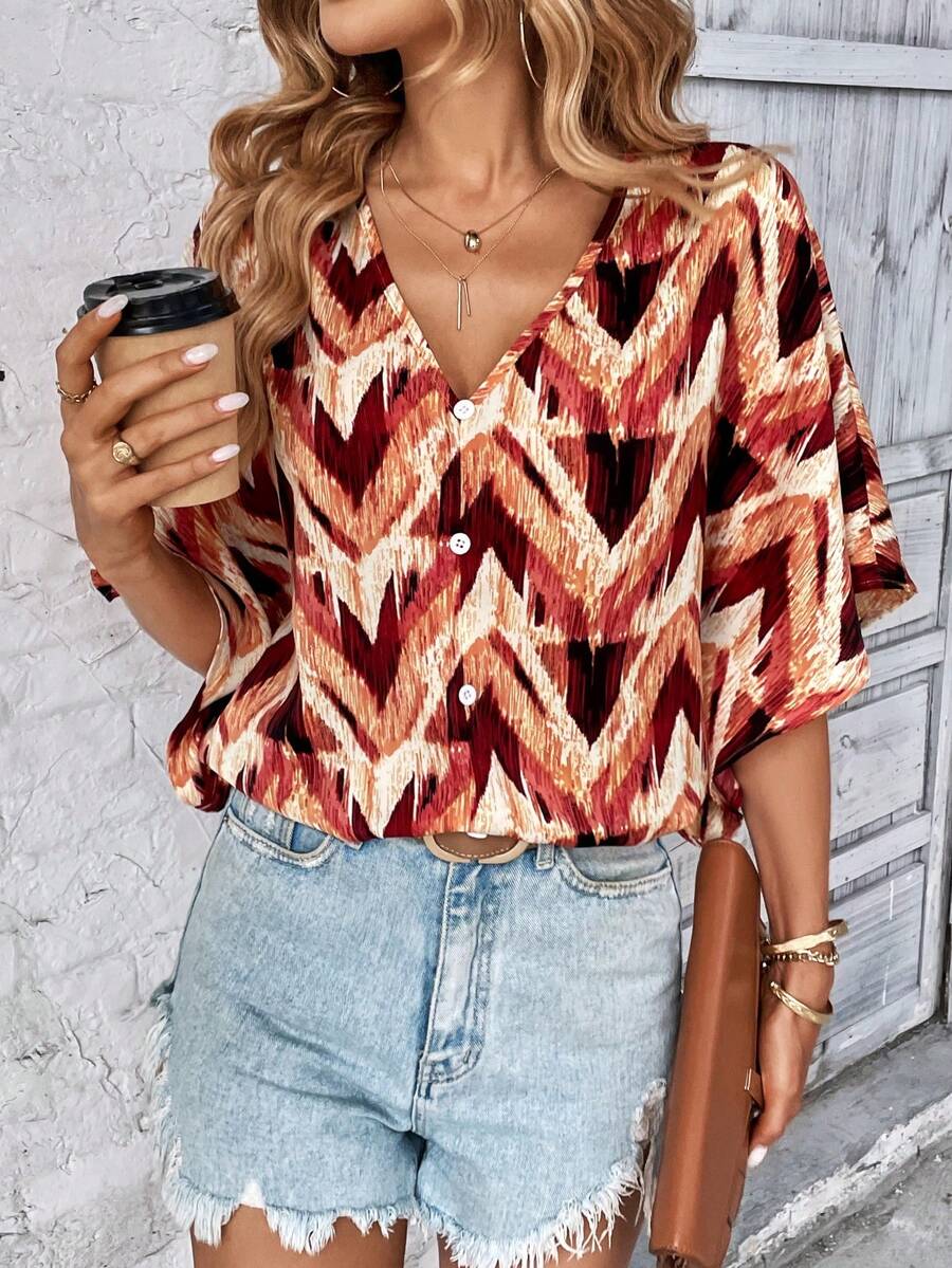 SHEIN Clasi 鋸齒形印花蝙蝠袖襯衫 - 彩色 - 查看 1