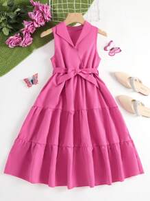 Tween Girl Solid Ruffle Layer Hem Dress - Pink - View 1