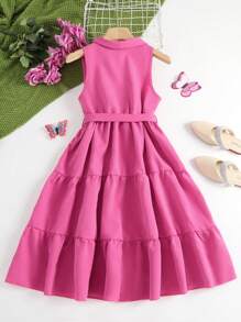 Tween Girl Solid Ruffle Layer Hem Dress - Pink - View 2