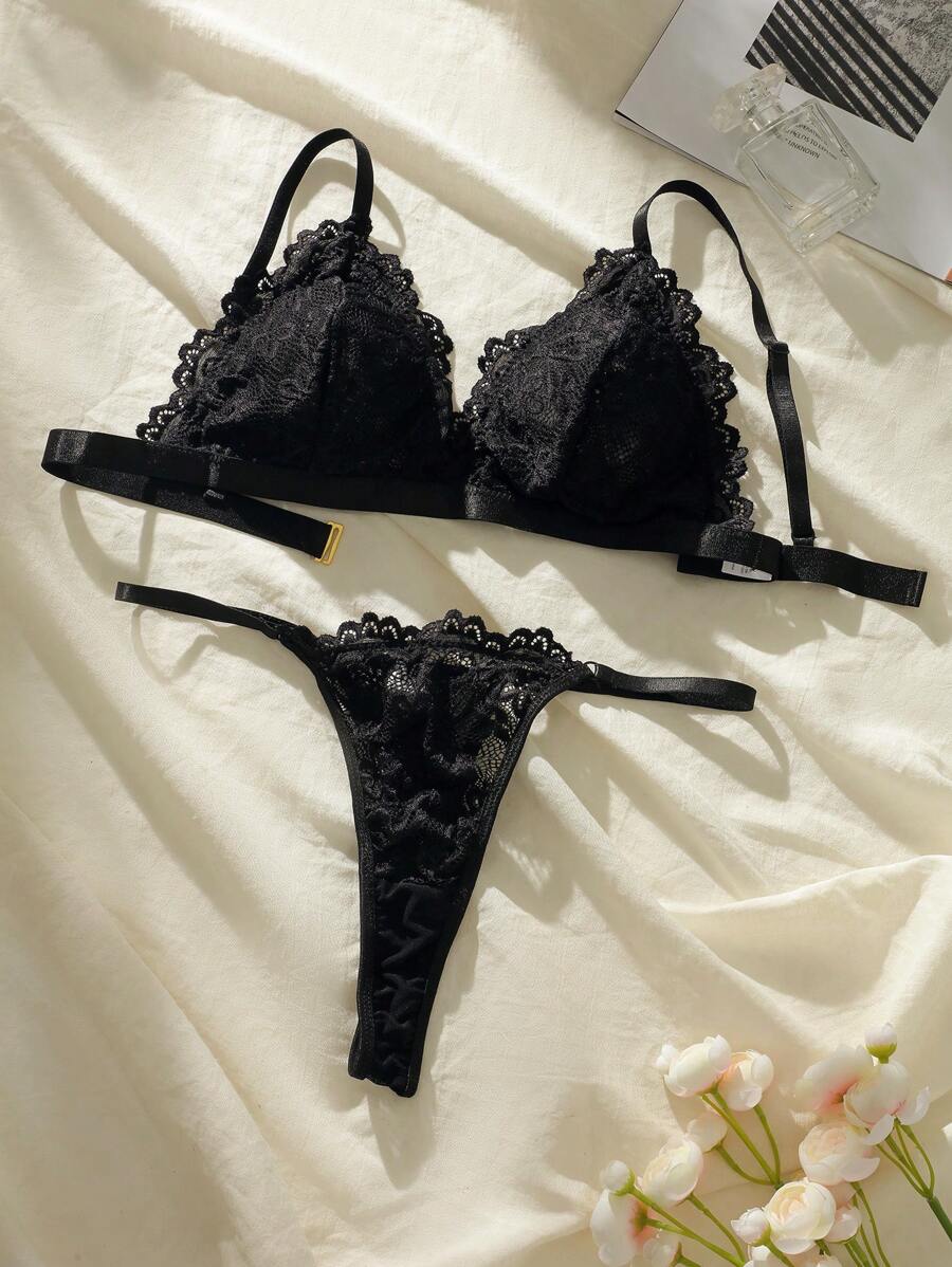 Set de lencería unicolor con encaje - Negro - Ver 1