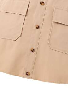 SHEIN Váy Gái Túi Nút phía trước màu trơn Giải trí - Màu Khaki - Xem 4