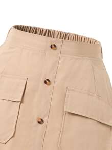 SHEIN Váy Gái Túi Nút phía trước màu trơn Giải trí - Màu Khaki - Xem 5