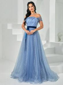 Missord Off Shoulder Belted Mesh Formal Dress - Blue - View 1
