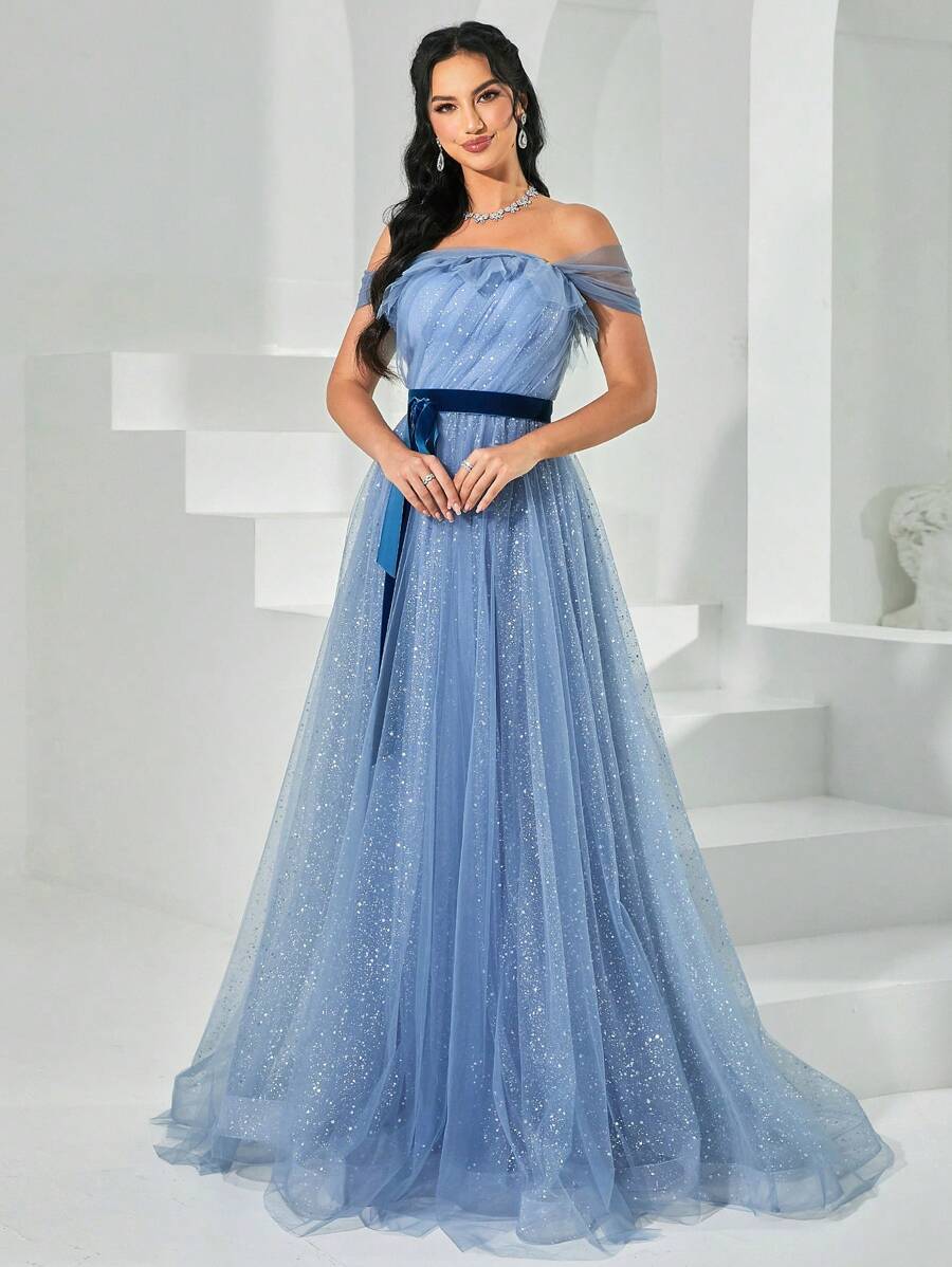 Missord Off Shoulder Belted Mesh Formal Dress - Blue - View 1