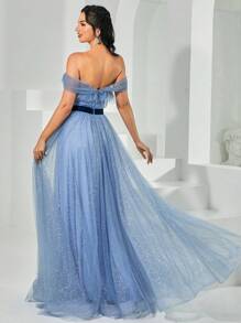 Missord Off Shoulder Belted Mesh Formal Dress - Blue - View 2