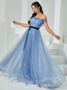 Missord Off Shoulder Belted Mesh Formal Dress - Blue - View 3