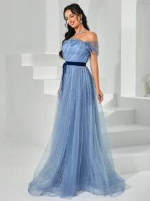 Missord Off Shoulder Belted Mesh Formal Dress - Blue - View 5