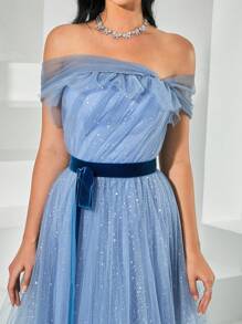 Missord Off Shoulder Belted Mesh Formal Dress - Blue - View 6