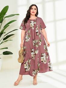 Mulvari 大碼印花直筒洋裝 - 藕粉色 - 查看 4