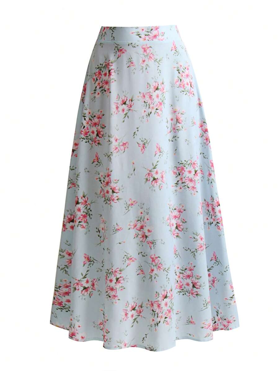 SHEIN LUNE 大碼印花A字半身裙 - 藍色 - 查看 1