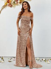 Off Shoulder Split Thigh Sequin Formal Dress Elegant Prom Evening Wedding Guest Gown, For Graduation, Dinner Party Dress - Champagne - View 1